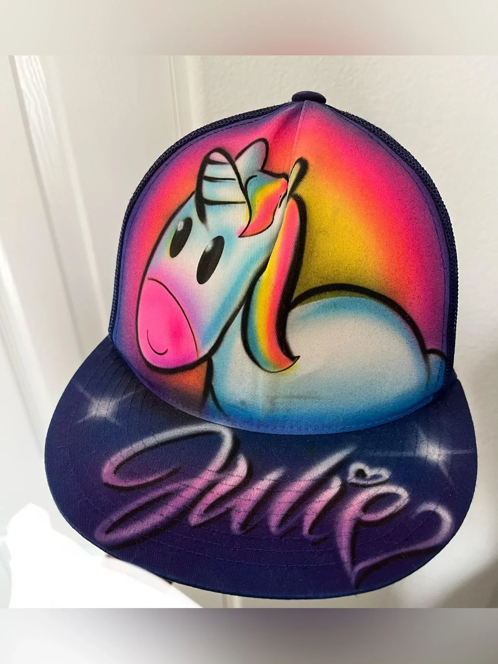 Custom Airbrushed Unicorn Trucker Hat “Julie” | Blue Snapback | One Size